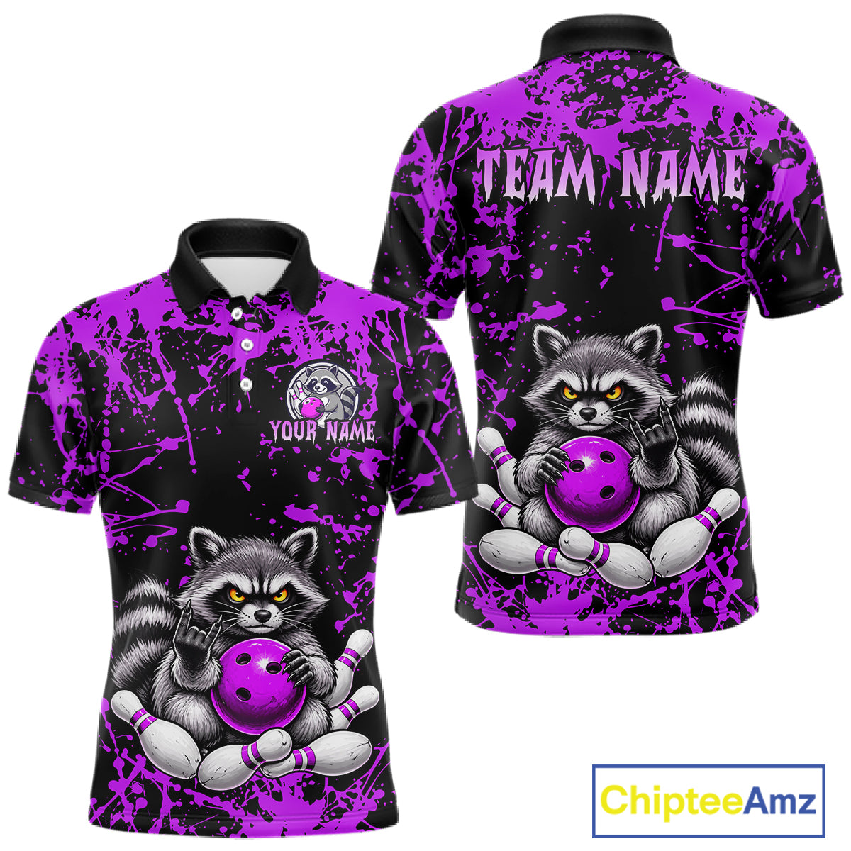 Customizable black and purple bowling-themed polo shirt shown from both front and back views. The shirt features a raccoon holding a bowling ball graphic, 'TEAM NAME' on the back, and 'YOUR NAME' with a logo on the front.