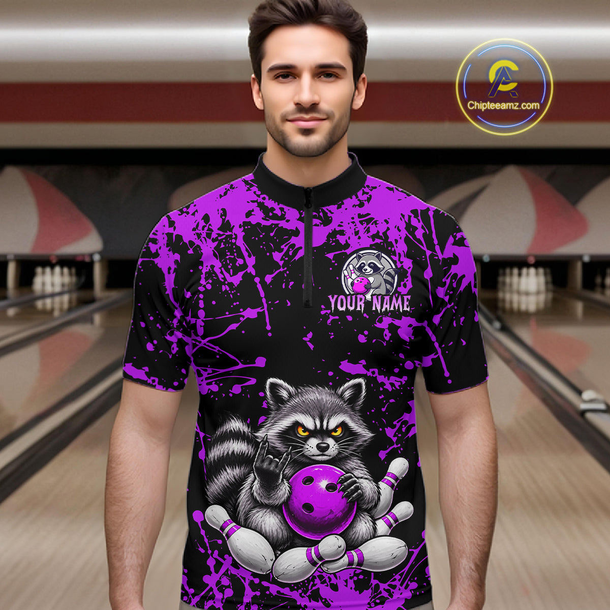 A man wearing a short-sleeve bowling jersey with a black and purple splatter pattern and a large raccoon graphic holding a purple bowling ball. The jersey has a black collar and a white 'YOUR NAME' placeholder print on the chest.