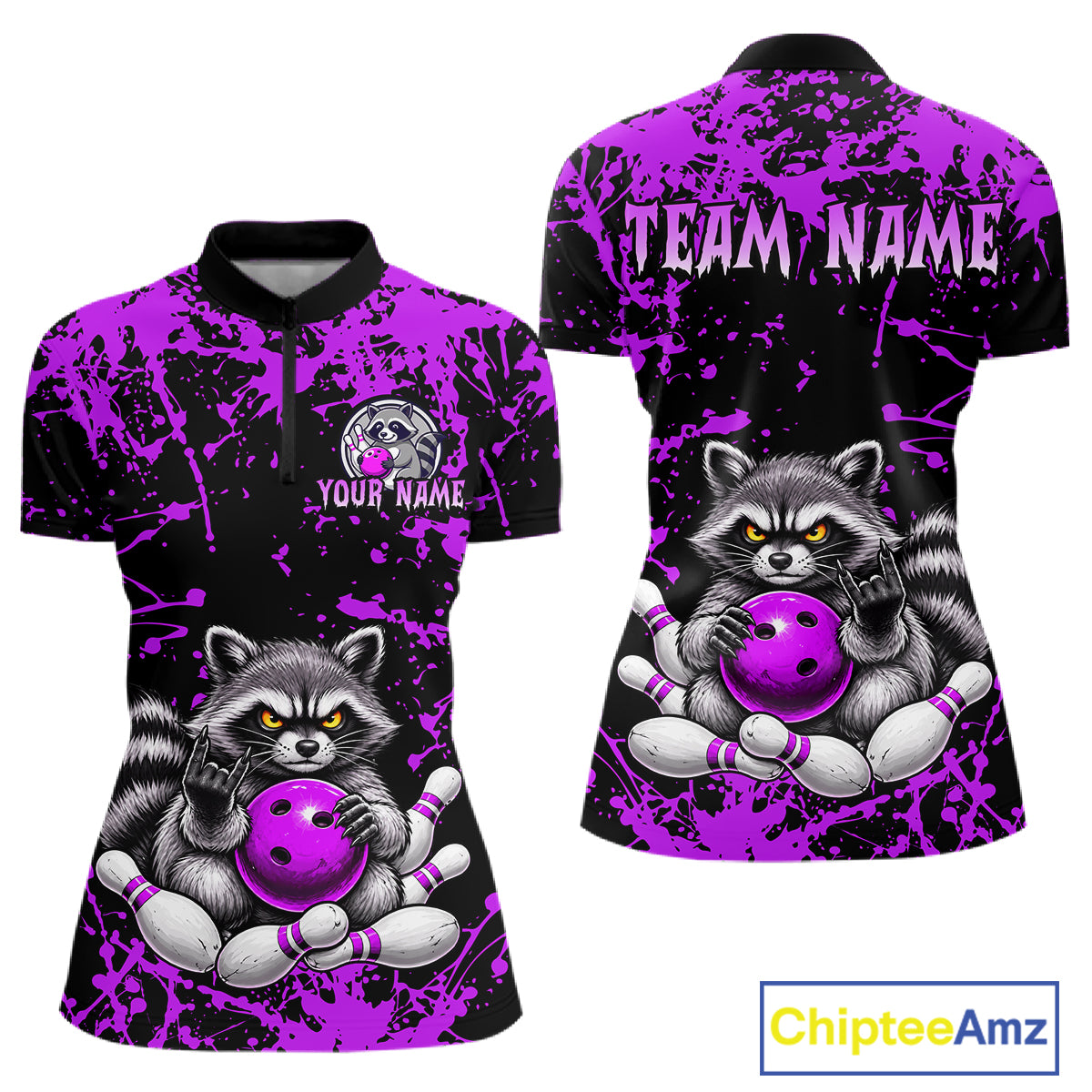 Customizable women's short-sleeve polo shirt shown from the front and back, featuring a black and vibrant purple paint splatter background with a cartoon raccoon holding a purple bowling ball, plus customizable text areas.