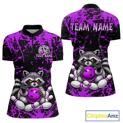 Customizable women's short-sleeve polo shirt shown from the front and back, featuring a black and vibrant purple paint splatter background with a cartoon raccoon holding a purple bowling ball, plus customizable text areas.