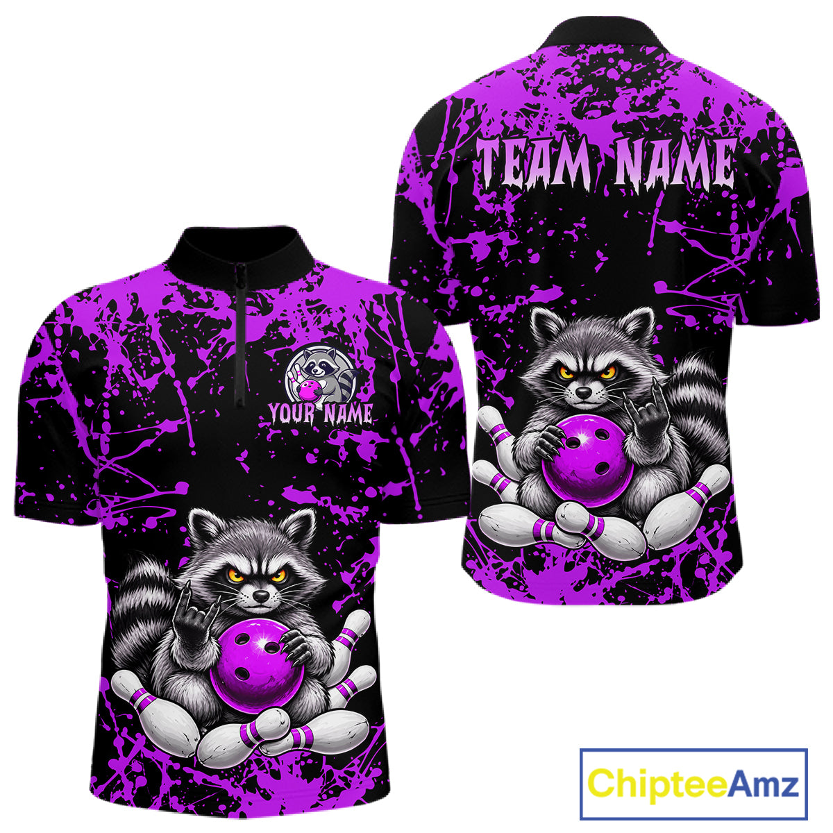 A custom short-sleeve athletic quarter-zip shirt shown from both front and back views. The shirt features a black and vibrant purple paint splatter background with a cartoon raccoon holding a purple bowling ball.