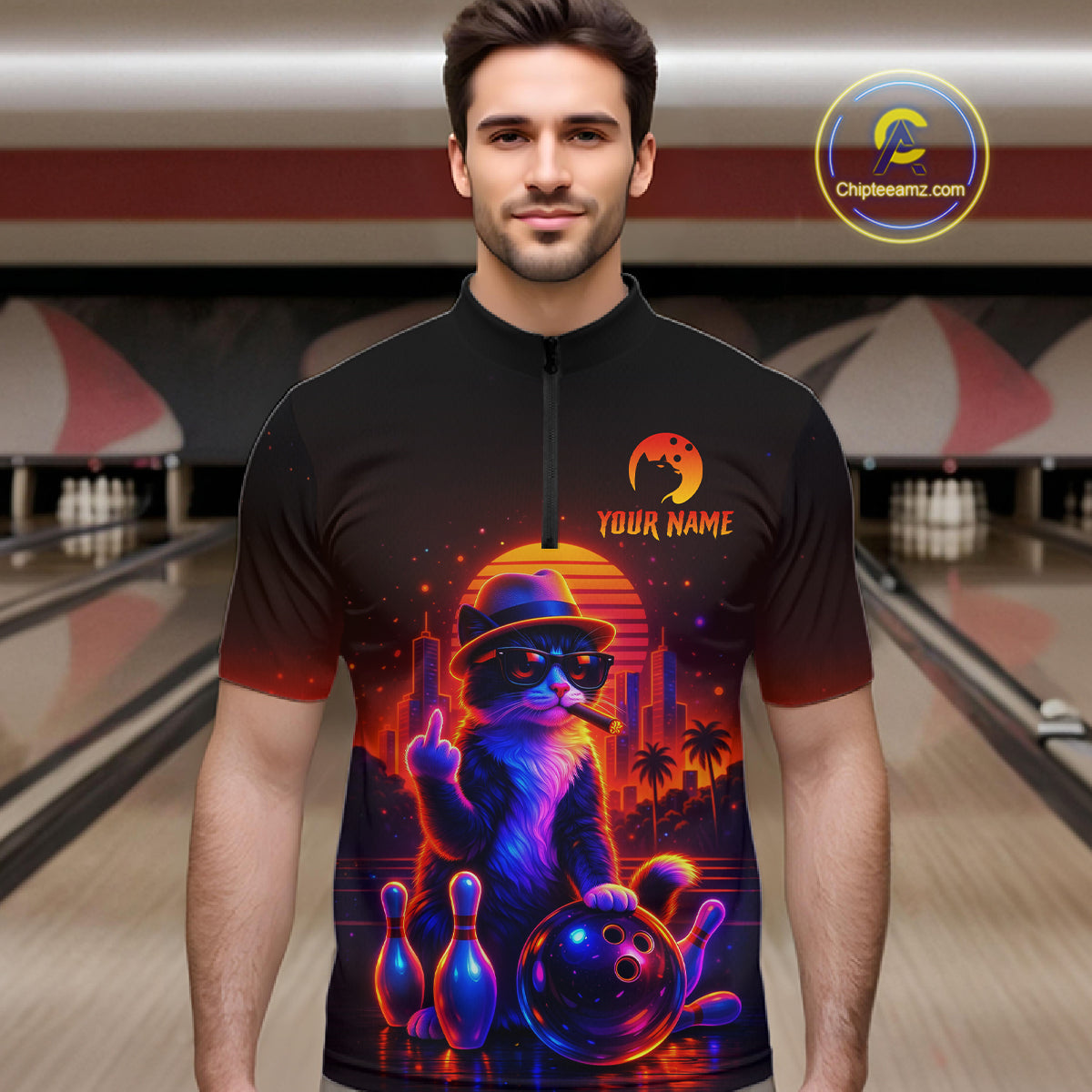Custom Funny Cat Bowling Jersey for Men Bowling Tournament  Polo & 1/4 Zip Bowling Team Shirts HNT204