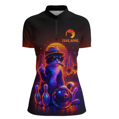 Custom Funny Cat Bowling Jersey for Women Bowling Tournament Polo & 1/4 Zip Bowling Team Shirts HNT204