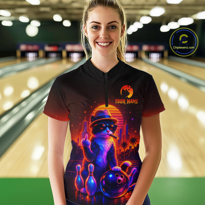 Custom Funny Cat Bowling Jersey for Women Bowling Tournament Polo & 1/4 Zip Bowling Team Shirts HNT204