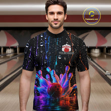 Load image into Gallery viewer, Man wearing a custom bowling quarter zip shirt with colorful design in a bowling alley.