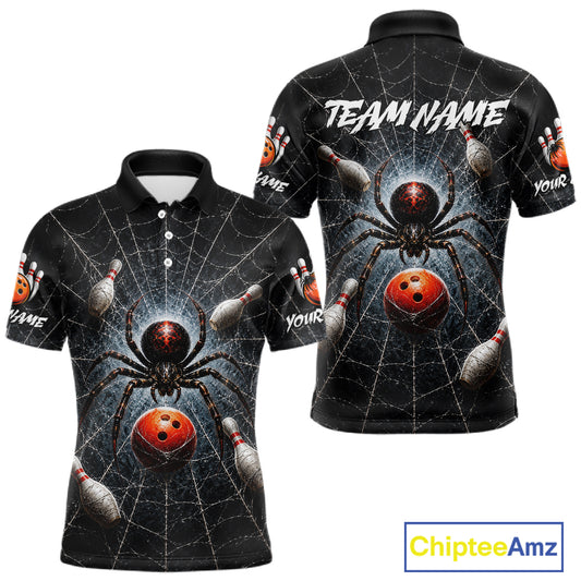 Front and back views of a black short-sleeve polo shirt featuring a 3D spider and bowling ball graphic on a web background, with customizable text placeholders 'TEAM NAME' and 'YOUR NAME' on the chest and sleeves.