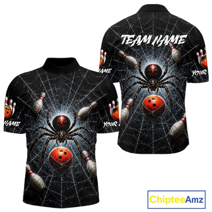 Custom short-sleeve polo shirt shown from front and back with a black spider and bowling ball graphic on a web background, featuring placeholder text 'TEAM NAME' and 'YOUR NAME' on the sleeves, on a white background with ChipteeAmz logo.