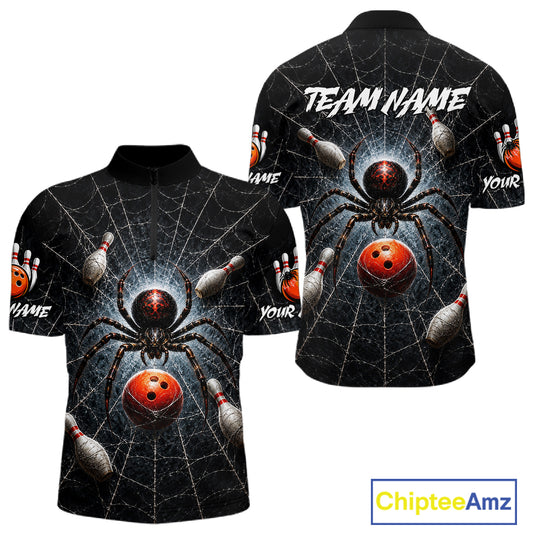 Custom short-sleeve polo shirt shown from front and back with a black spider and bowling ball graphic on a web background, featuring placeholder text 'TEAM NAME' and 'YOUR NAME' on the sleeves, on a white background with ChipteeAmz logo.