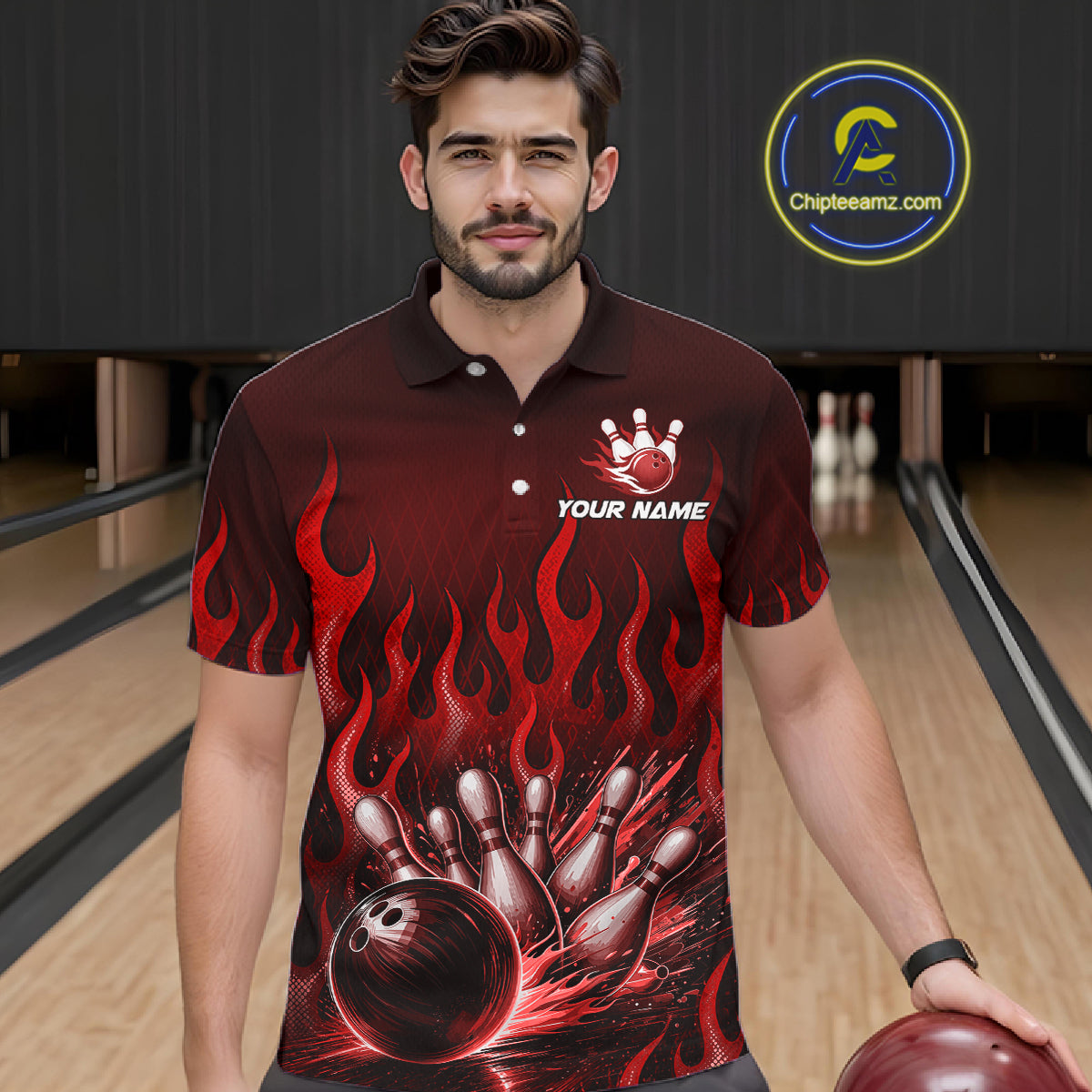 Custom Red Flame Bowling Jersey for Men Bowling Uniform Polo &1/4 Zip Bowling Team Shirts HNT616