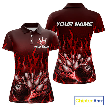 Custom Red Flame Bowling Jersey for Women Bowling Uniform Polo &1/4 Zip Bowling Team Shirts HNT616