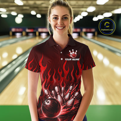 Custom Red Flame Bowling Jersey for Women Bowling Uniform Polo &1/4 Zip Bowling Team Shirts HNT616
