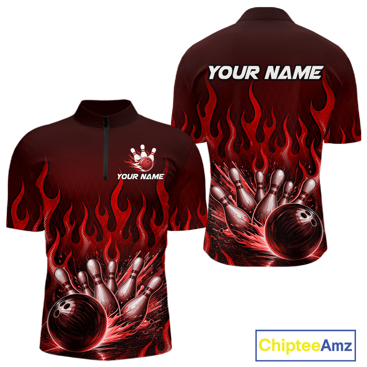 Custom Red Flame Bowling Jersey for Men Bowling Uniform Polo &1/4 Zip Bowling Team Shirts HNT616