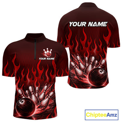 Custom Red Flame Bowling Jersey for Men Bowling Uniform Polo &1/4 Zip Bowling Team Shirts HNT616