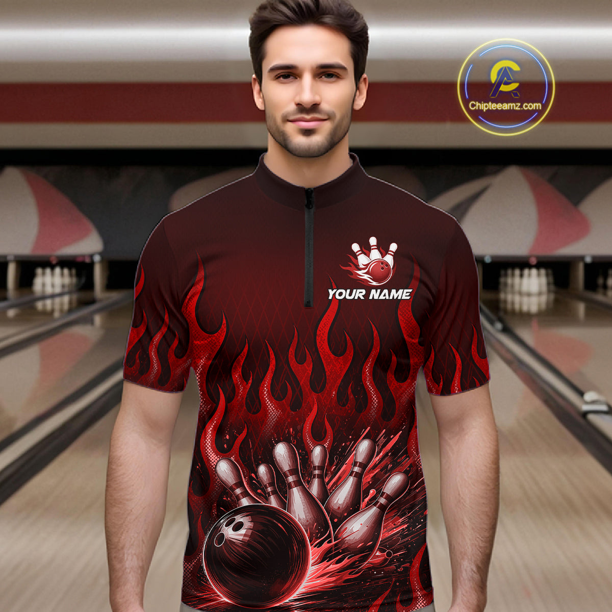Custom Red Flame Bowling Jersey for Men Bowling Uniform Polo &1/4 Zip Bowling Team Shirts HNT616