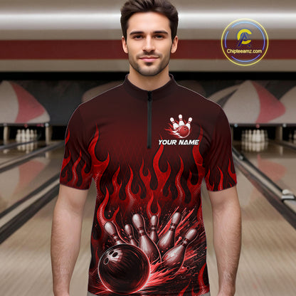 Custom Red Flame Bowling Jersey for Men Bowling Uniform Polo &1/4 Zip Bowling Team Shirts HNT616