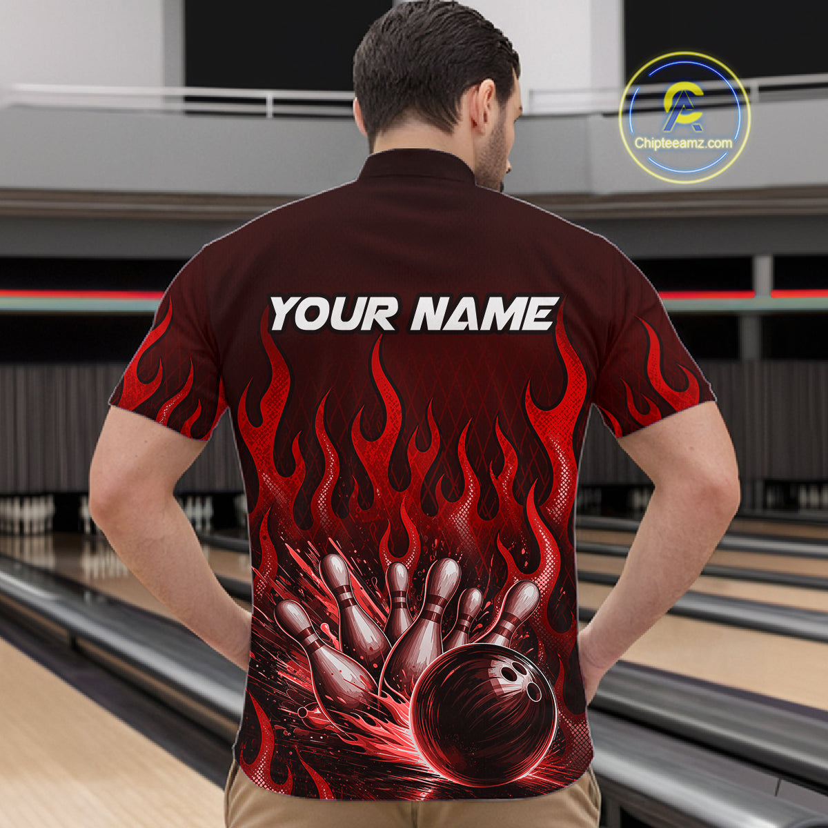 Custom Red Flame Bowling Jersey for Men Bowling Uniform Polo &1/4 Zip Bowling Team Shirts HNT616