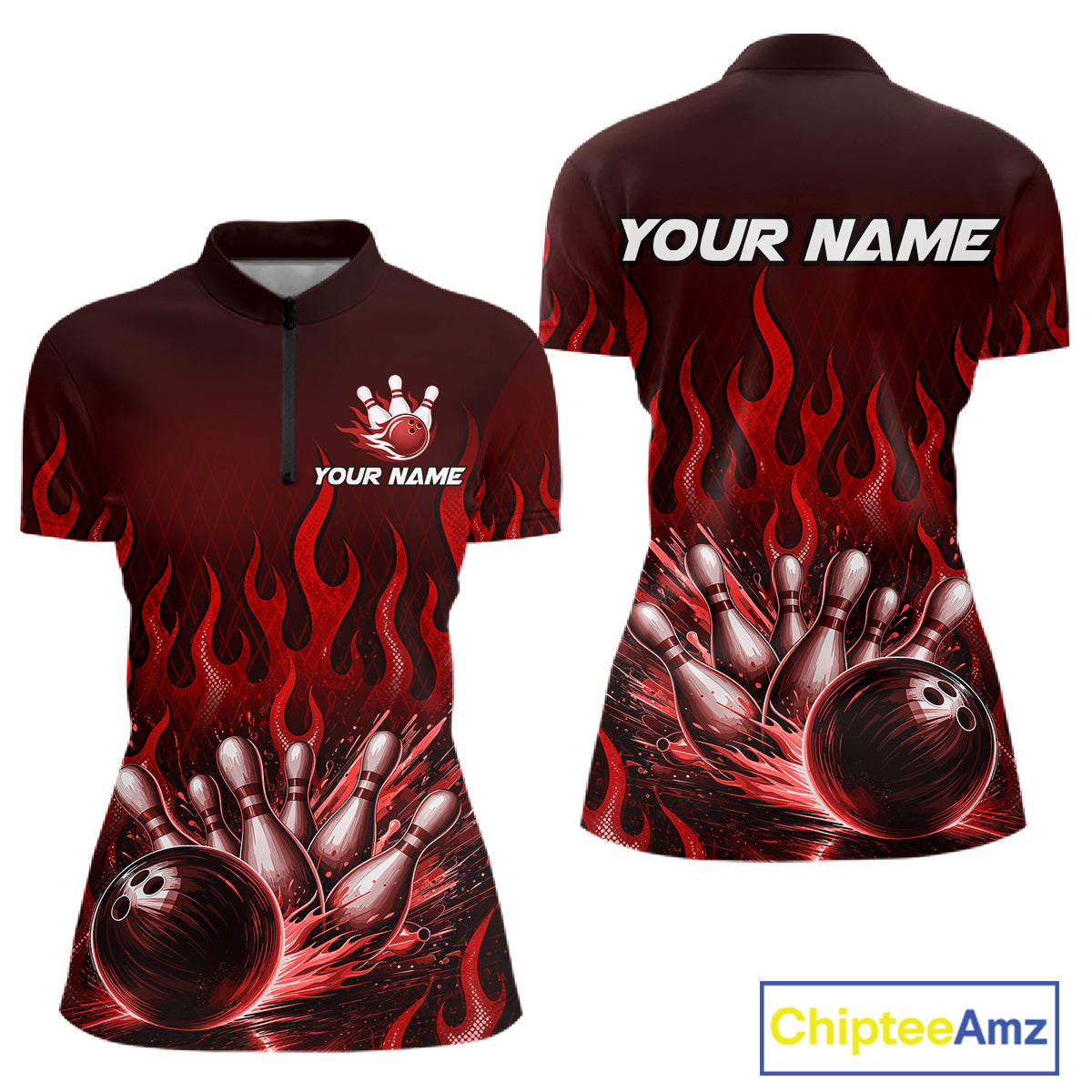 Custom Red Flame Bowling Jersey for Women Bowling Uniform Polo &1/4 Zip Bowling Team Shirts HNT616