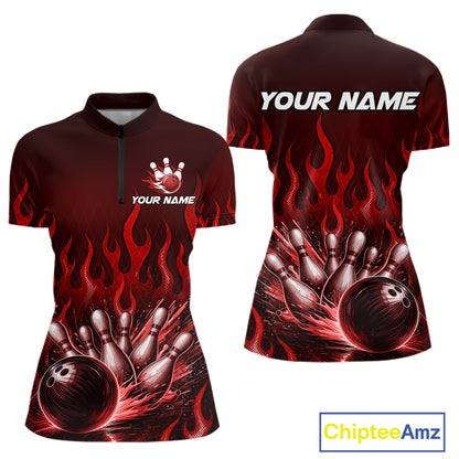 Custom Red Flame Bowling Jersey for Women Bowling Uniform Polo &1/4 Zip Bowling Team Shirts HNT616