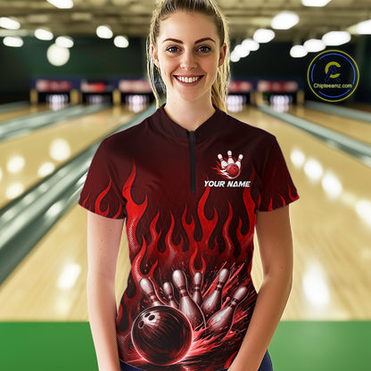 Custom Red Flame Bowling Jersey for Women Bowling Uniform Polo &1/4 Zip Bowling Team Shirts HNT616