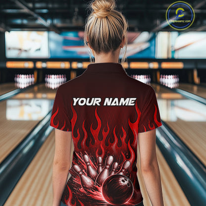 Custom Red Flame Bowling Jersey for Women Bowling Uniform Polo &1/4 Zip Bowling Team Shirts HNT616