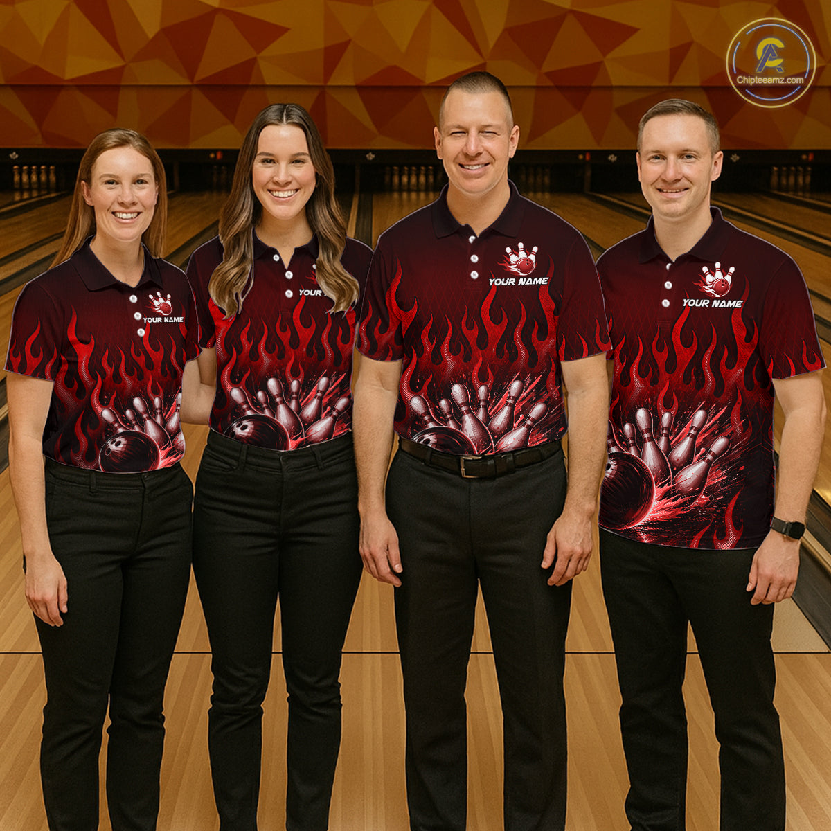 Custom Red Flame Bowling Jersey for Women Bowling Uniform Polo &1/4 Zip Bowling Team Shirts HNT616