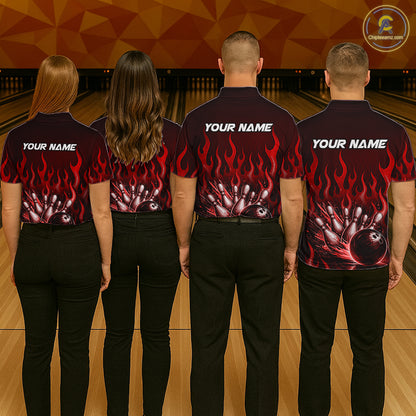 Custom Red Flame Bowling Jersey for Women Bowling Uniform Polo &1/4 Zip Bowling Team Shirts HNT616
