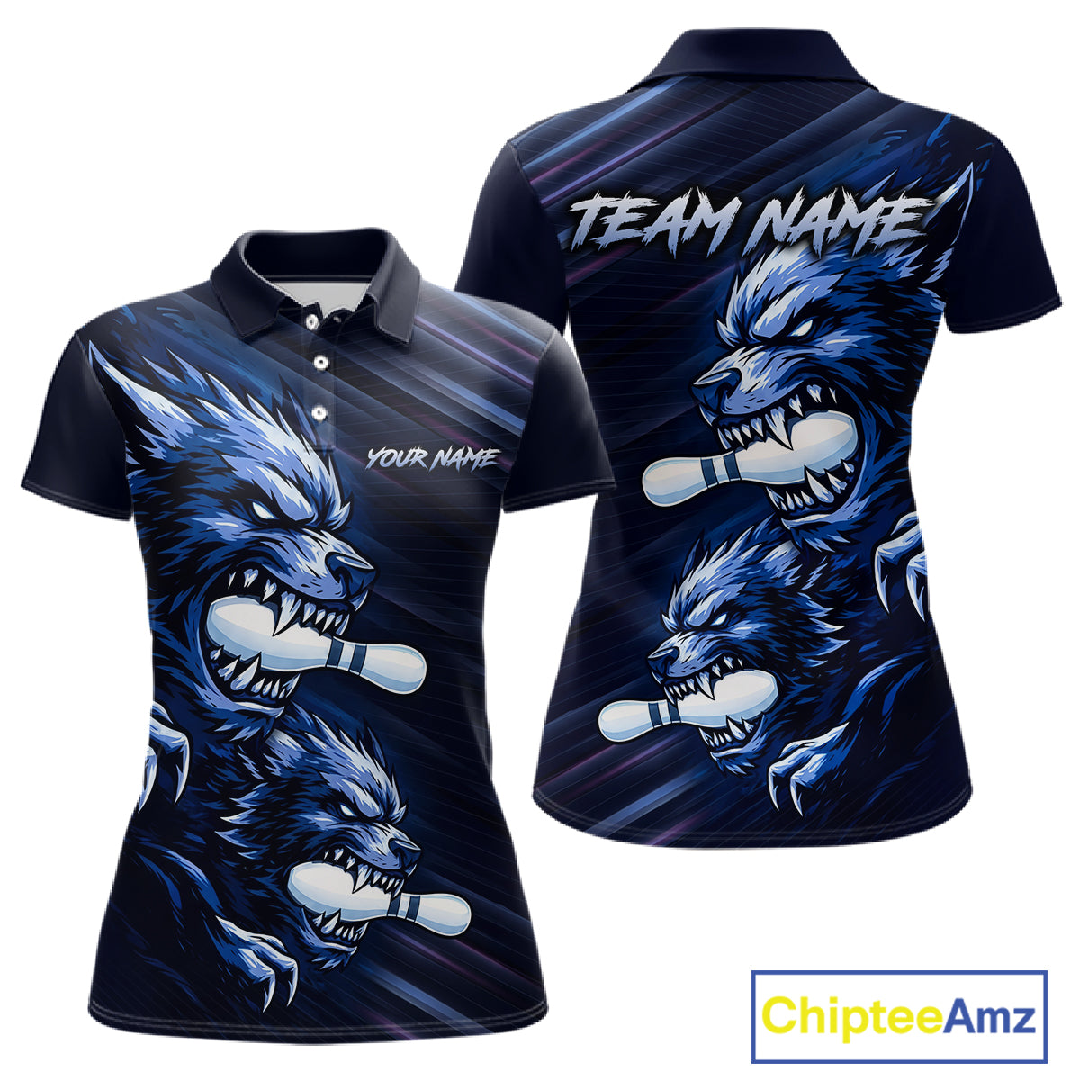 Custom Blue Wolf Bowling Jersey for Women Bowling Shirts for Team Bowling League Uniform HNT618