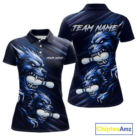Custom Blue Wolf Bowling Jersey for Women Bowling Shirts for Team Bowling League Uniform HNT618