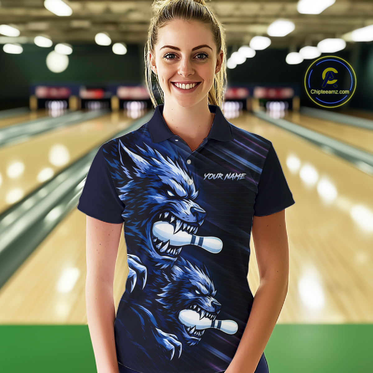 Custom Blue Wolf Bowling Jersey for Women Bowling Shirts for Team Bowling League Uniform HNT618