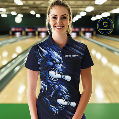 Custom Blue Wolf Bowling Jersey for Women Bowling Shirts for Team Bowling League Uniform HNT618