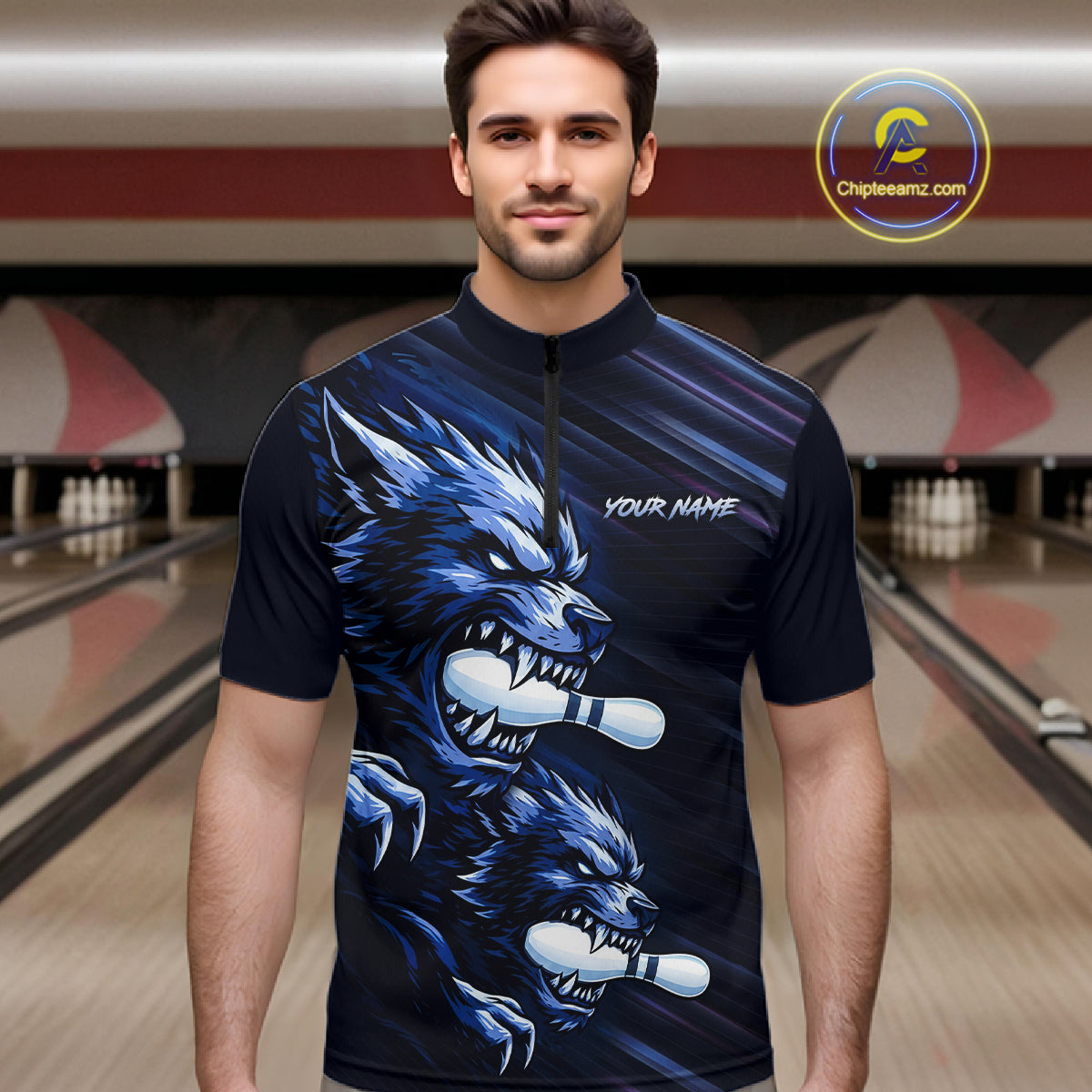 Custom Blue Wolf Bowling Jersey for Men Bowling Shirts for Team Bowling League Uniform HNT618