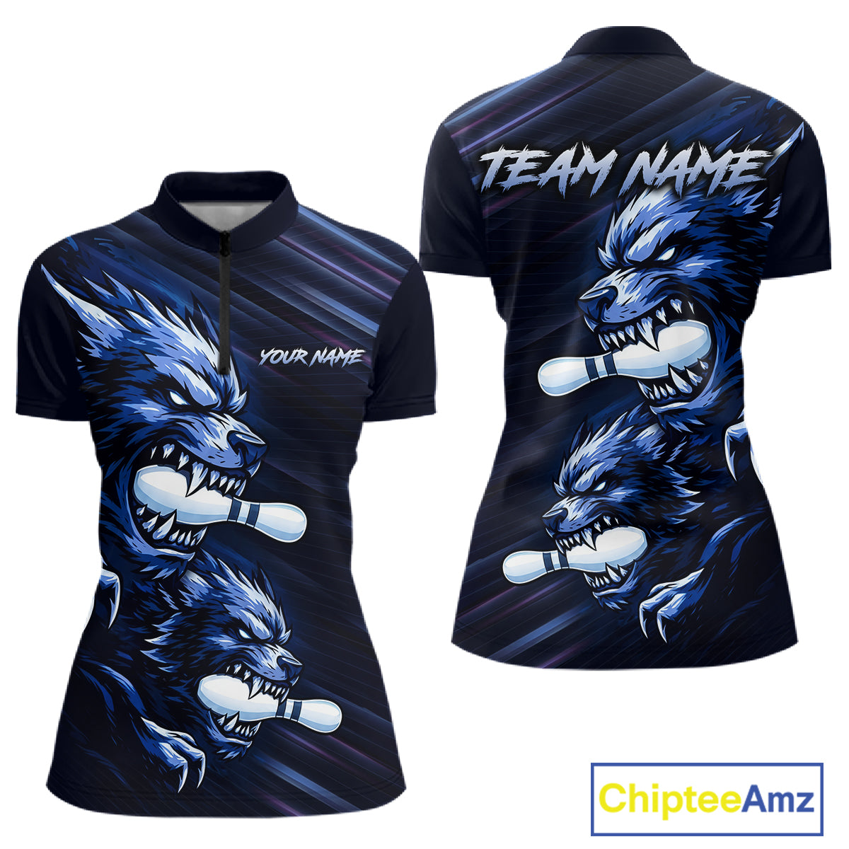 Custom Blue Wolf Bowling Jersey for Women Bowling Shirts for Team Bowling League Uniform HNT618
