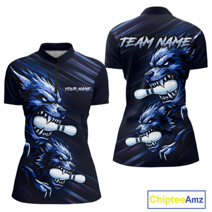 Custom Blue Wolf Bowling Jersey for Women Bowling Shirts for Team Bowling League Uniform HNT618