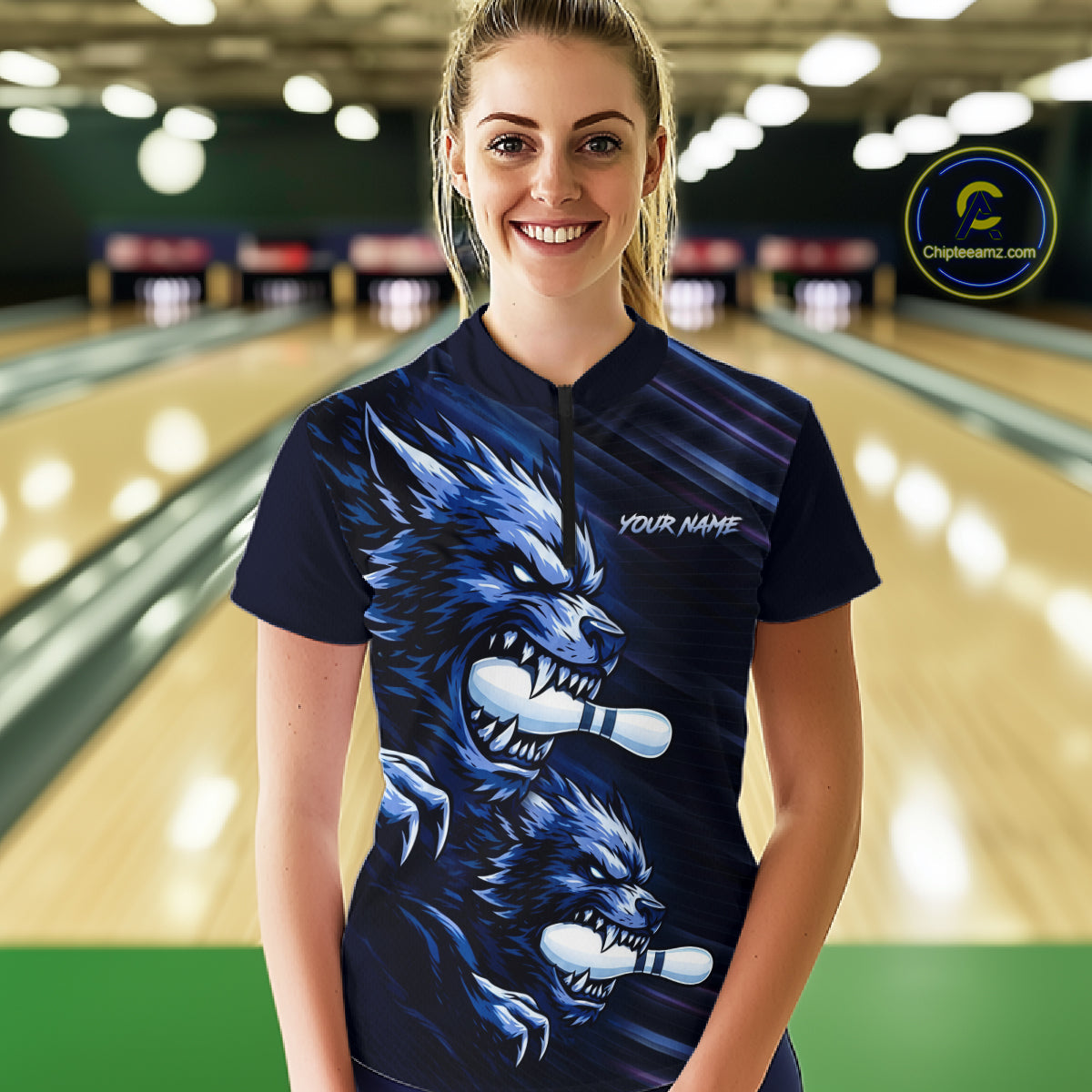 Custom Blue Wolf Bowling Jersey for Women Bowling Shirts for Team Bowling League Uniform HNT618