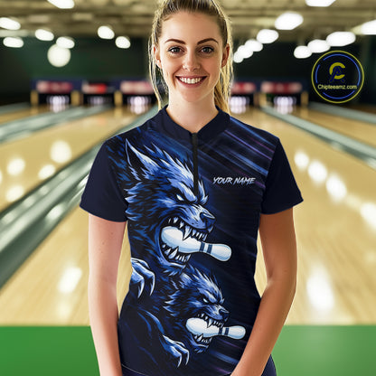 Custom Blue Wolf Bowling Jersey for Women Bowling Shirts for Team Bowling League Uniform HNT618