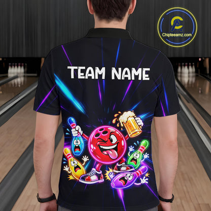 Funny Neon Bowling Ball and Pins Shirt, Custom Bowling Team Jersey for Men, Bowling League HNT679