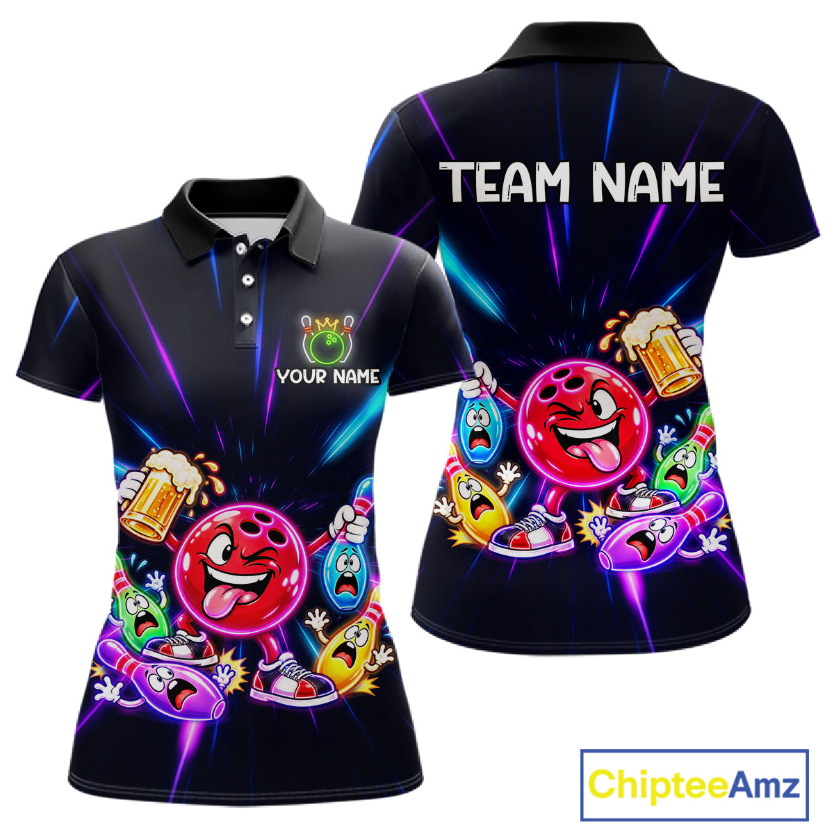 Funny Neon Bowling Ball and Pins Shirt, Custom Bowling Team Jersey for Women, Bowling League HNT679