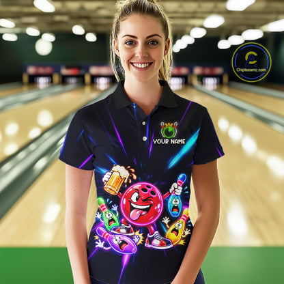 Funny Neon Bowling Ball and Pins Shirt, Custom Bowling Team Jersey for Women, Bowling League HNT679