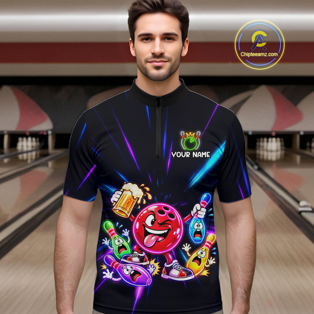 Funny Neon Bowling Ball and Pins Shirt, Custom Bowling Team Jersey for Men, Bowling League HNT679