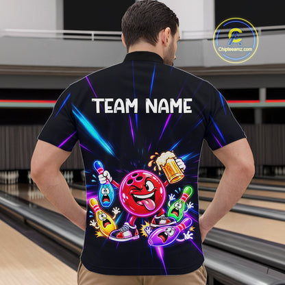 Funny Neon Bowling Ball and Pins Shirt, Custom Bowling Team Jersey for Men, Bowling League HNT679