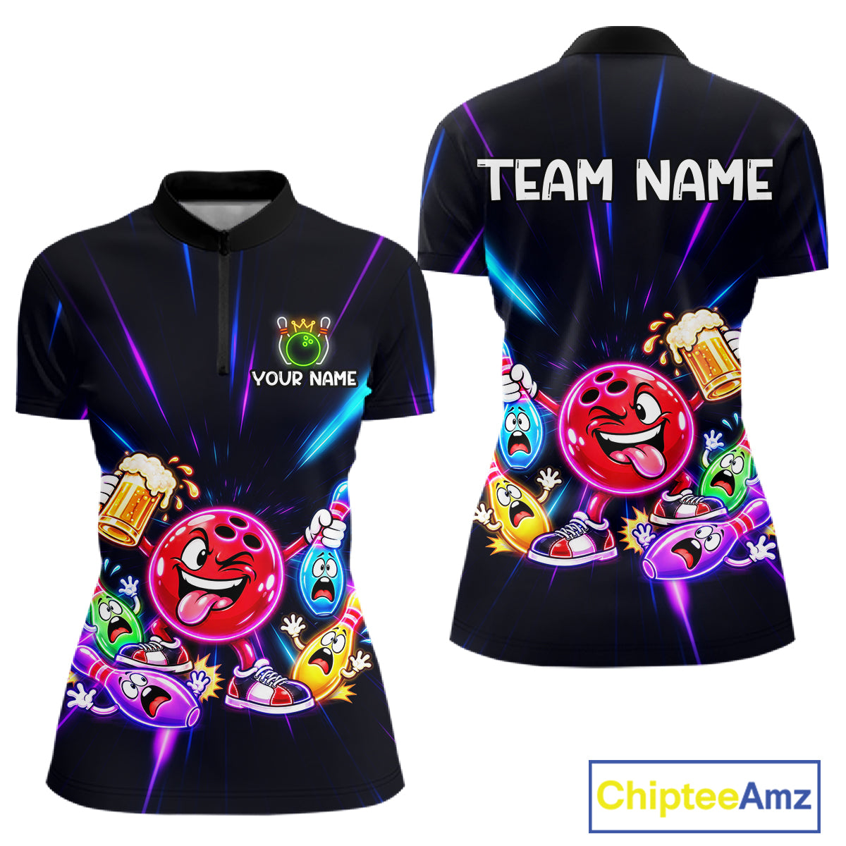Funny Neon Bowling Ball and Pins Shirt, Custom Bowling Team Jersey for Women, Bowling League HNT679