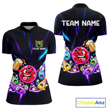 Funny Neon Bowling Ball and Pins Shirt, Custom Bowling Team Jersey for Women, Bowling League HNT679
