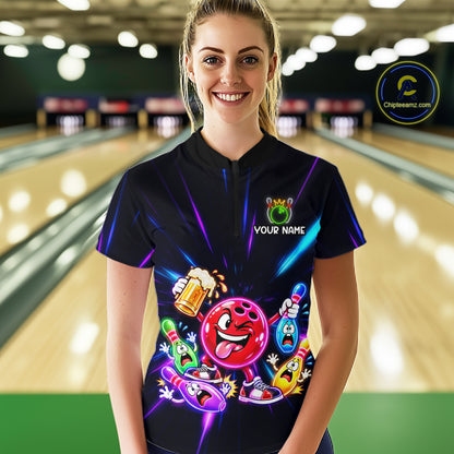 Funny Neon Bowling Ball and Pins Shirt, Custom Bowling Team Jersey for Women, Bowling League HNT679