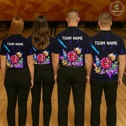 Funny Neon Bowling Ball and Pins Shirt, Custom Bowling Team Jersey for Women, Bowling League HNT679
