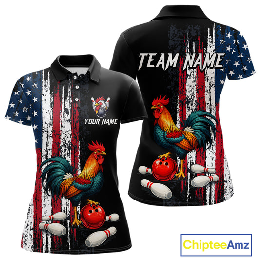 American Flag Rooster Bowling Jersey for Women Bowling Team Shirts Bowling Polo & 1/4 Zip HNT253