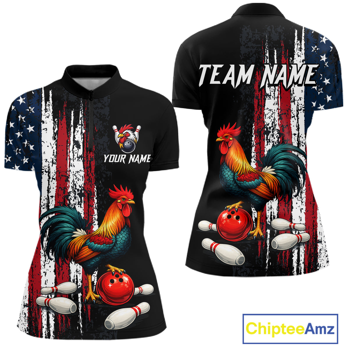 American Flag Rooster Bowling Jersey for Women Bowling Team Shirts Bowling Polo & 1/4 Zip HNT253