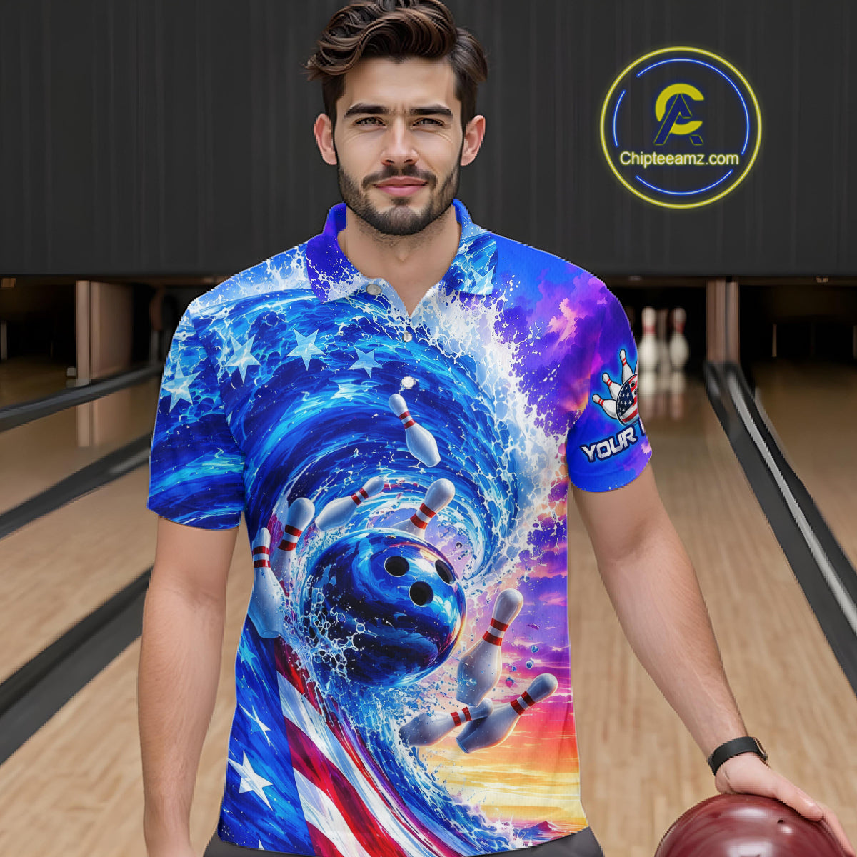 Custom American Wave Patriotic Bowling Jersey for Men Unisex Bowling Team Shirts Polo & 1/4 Zip HNT343