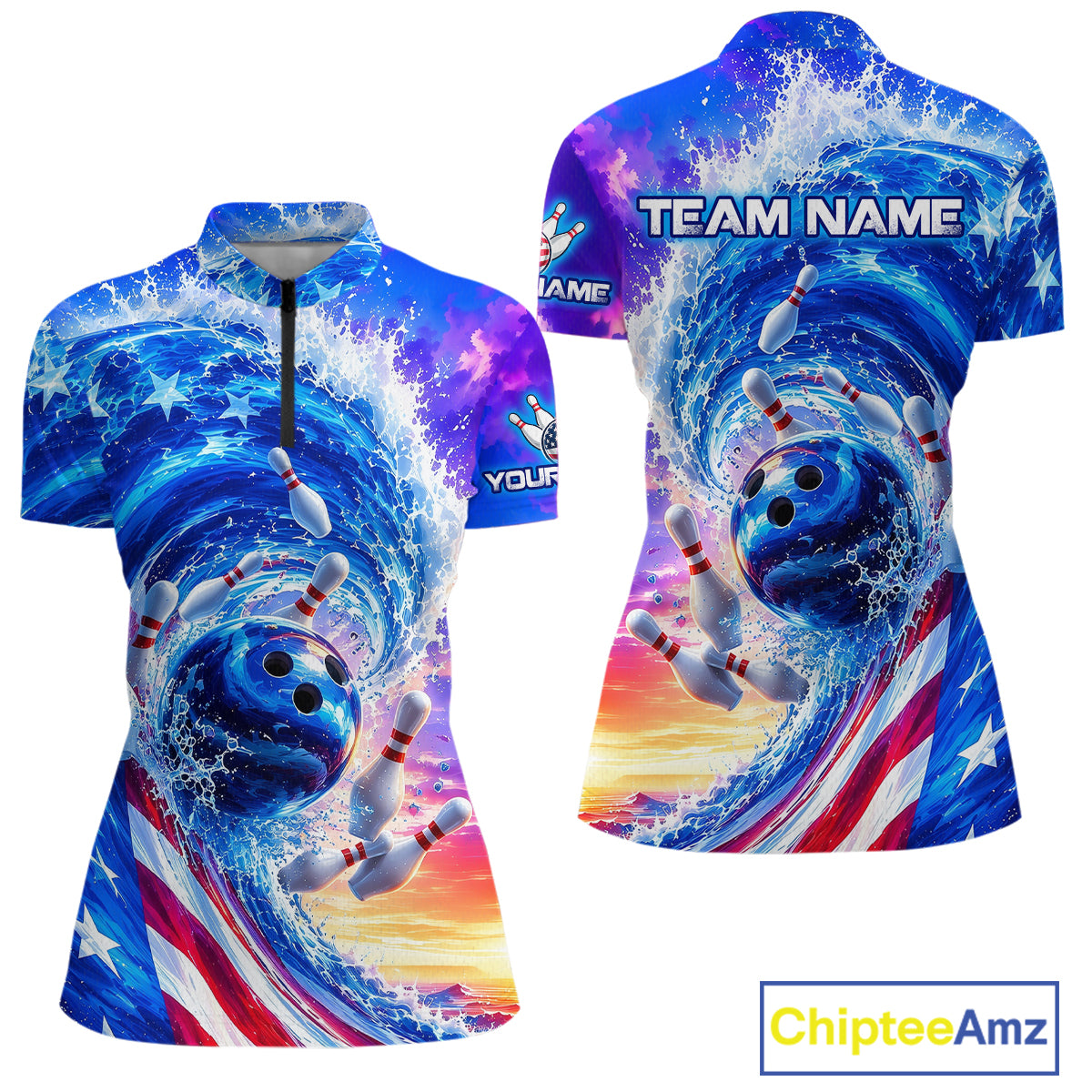 Custom American Wave Patriotic Bowling Jersey for Women Unisex Bowling Team Shirts Polo & 1/4 Zip HNT343