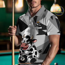 Load image into Gallery viewer, Person wearing a polo shirt with a cow design and pool cue, standing in front of a pool table.
