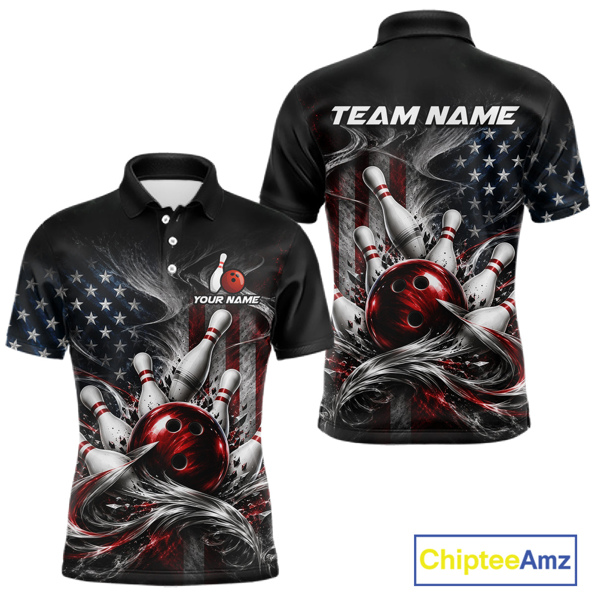 Custom American Flag Smoke Strike Bowling Team Shirts Bowling Jersey for Men Bowling League HNT621
